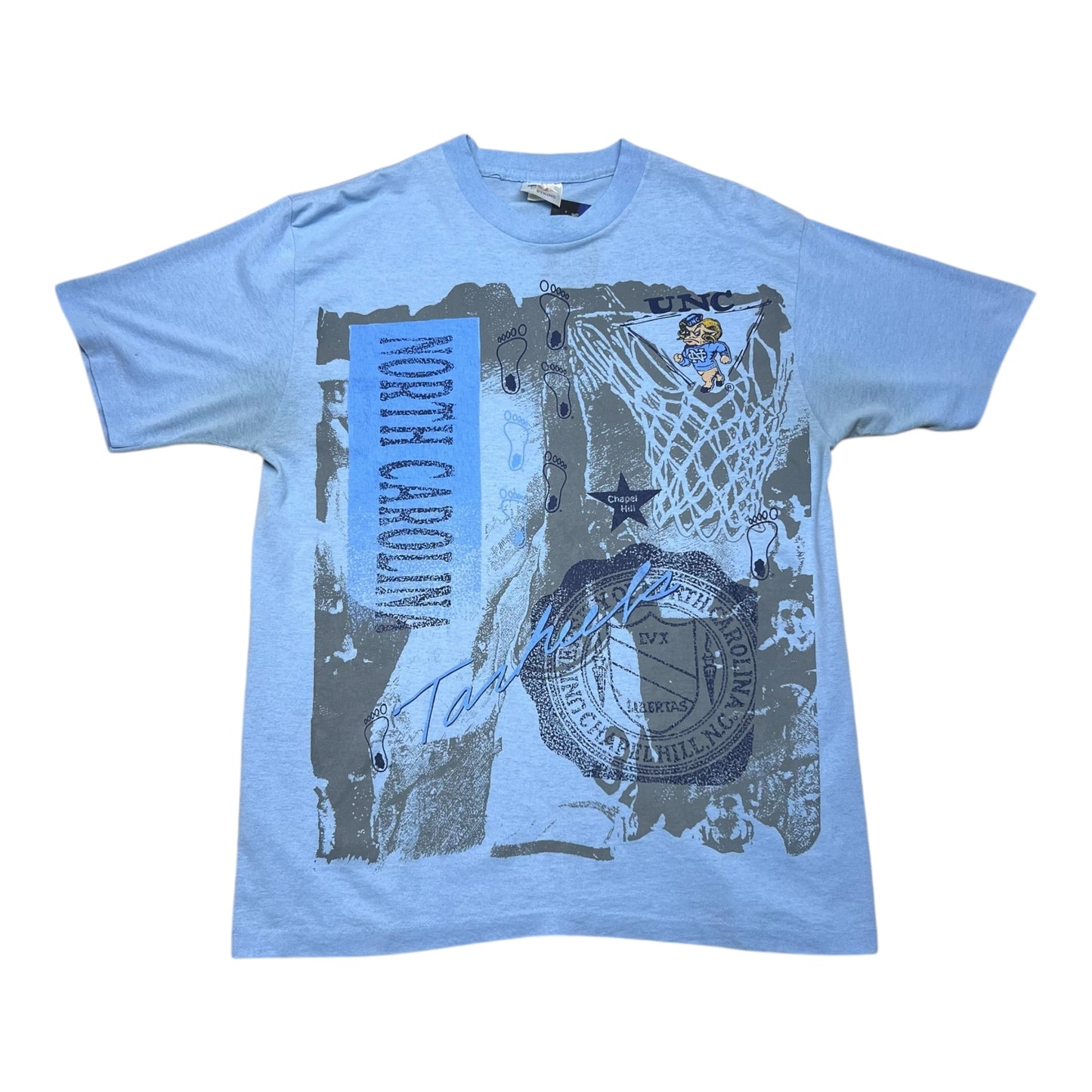 Vintage 80s Light Blue North Carolina UNC Tar Heels Foot Print Basketball Tee XL