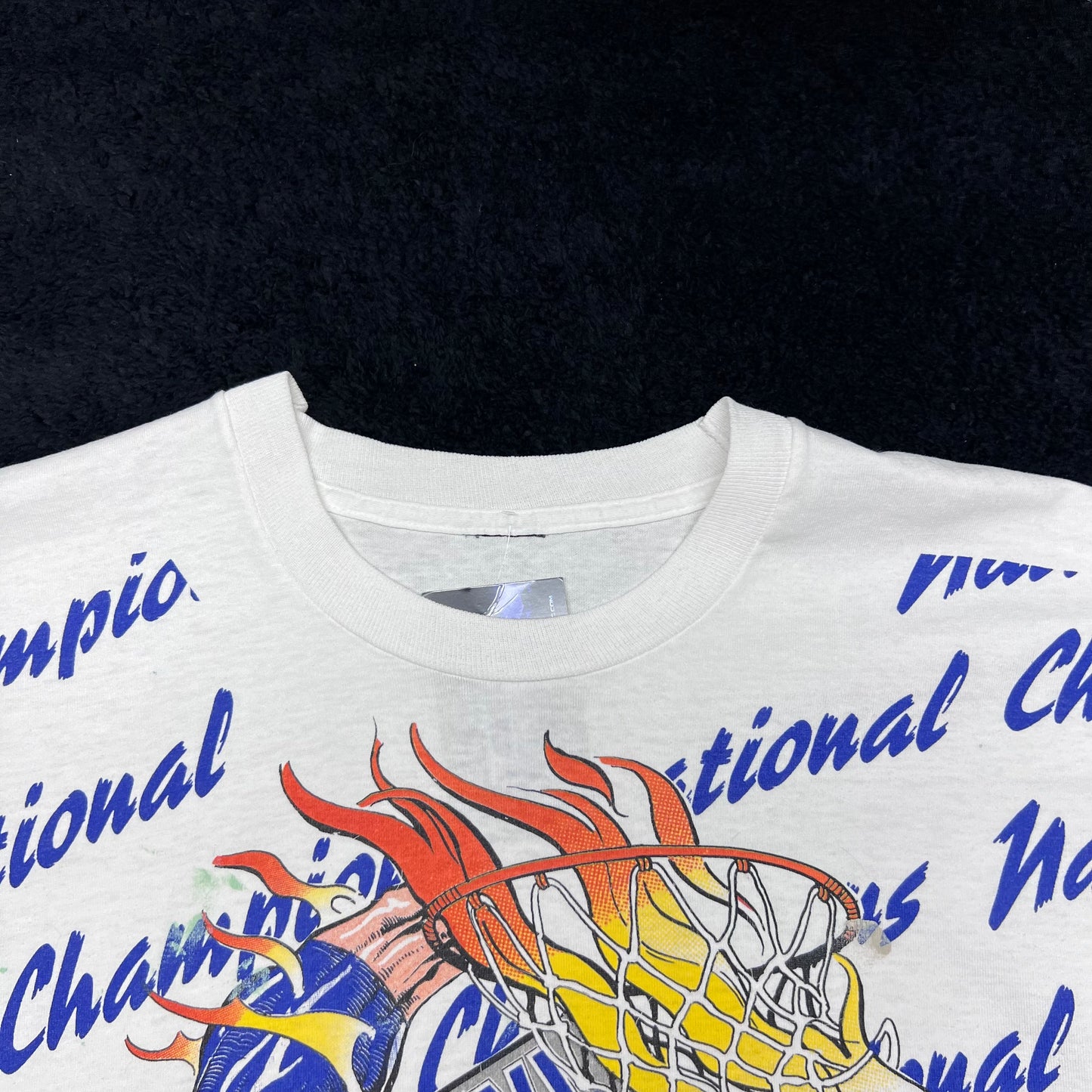 Vintage 90s AOP Duke University Blue Devils National Champions Flames Basketball Tee L