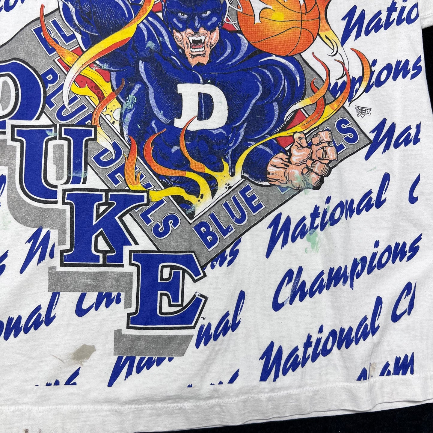 Vintage 90s AOP Duke University Blue Devils National Champions Flames Basketball Tee L