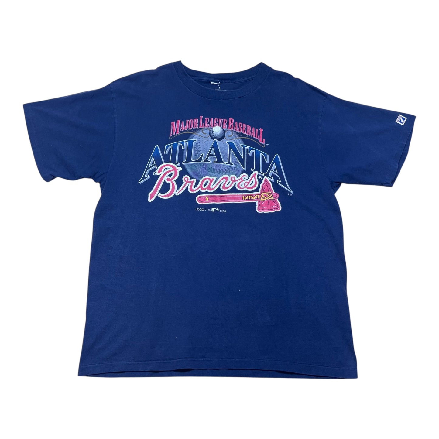 Vintage 1994 Logo 7 MLB Atlanta Braves Tomahawk Chop Navy Blue Tee XL