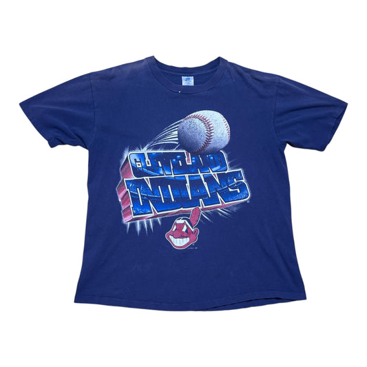 Vintage 1998 MLB Cleveland Indians 3D Baseball Navy Blue Tee L