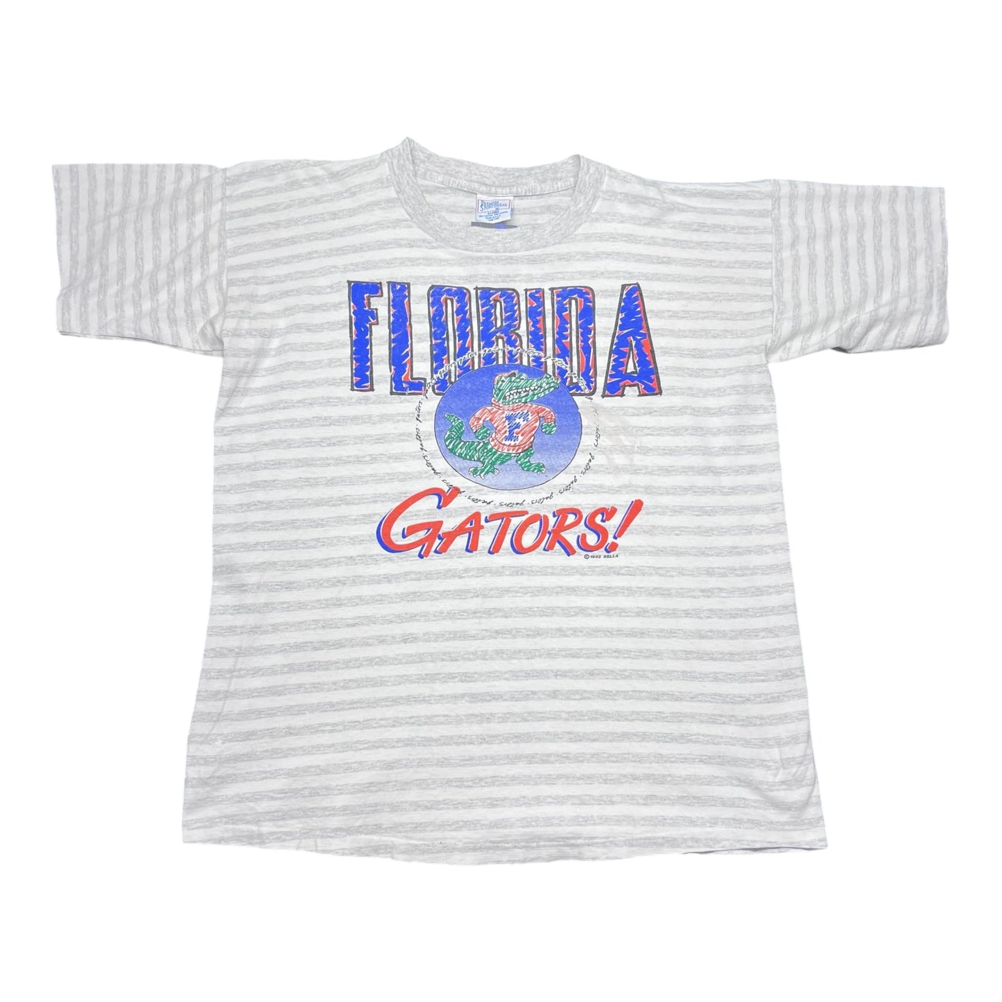 Vintage 1992 NCAA University Of Florida Gators Scribble Art Striped Tee XL