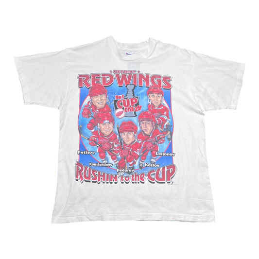 Vintage 1994 Pro Player NHL Detroit Red Wings “Rushing To The Cup” Caricature Tee XL