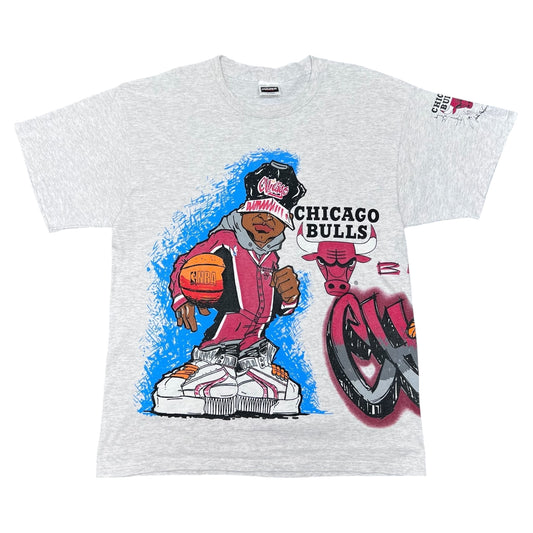 Vintage 90s Chicago Bulls Graffiti Gangster Wraparound Tultex Men’s Grey Tee XL