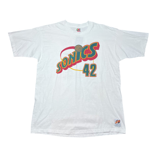 Vintage 90s FOTL NBA Seattle SuperSonics Vin Baker 42 Basketball Player Jersey Tee XL