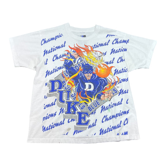 Vintage 90s AOP Duke University Blue Devils National Champions Flames Basketball Tee L