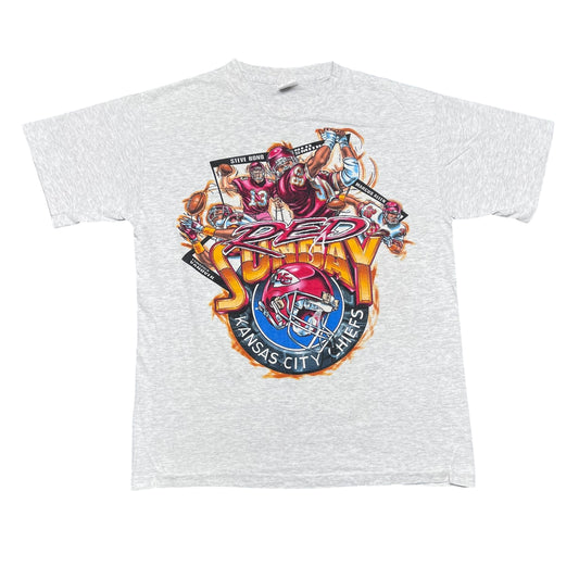 Vintage 90s Kansas City Chiefs Football Player Caricature Red Sunday Tee L