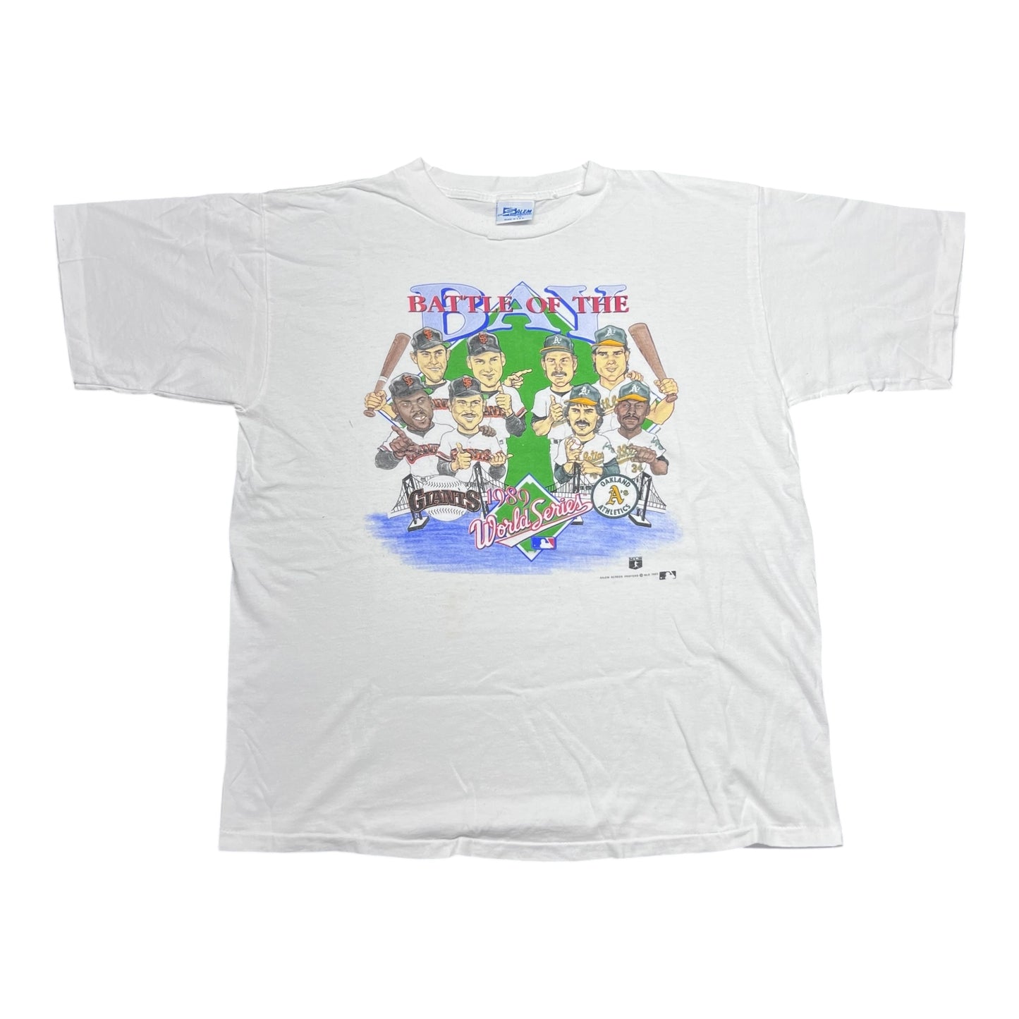 Vintage 1989 Salem World Series Oakland Athletics Vs San Francisco Giants Caricature Tee XL
