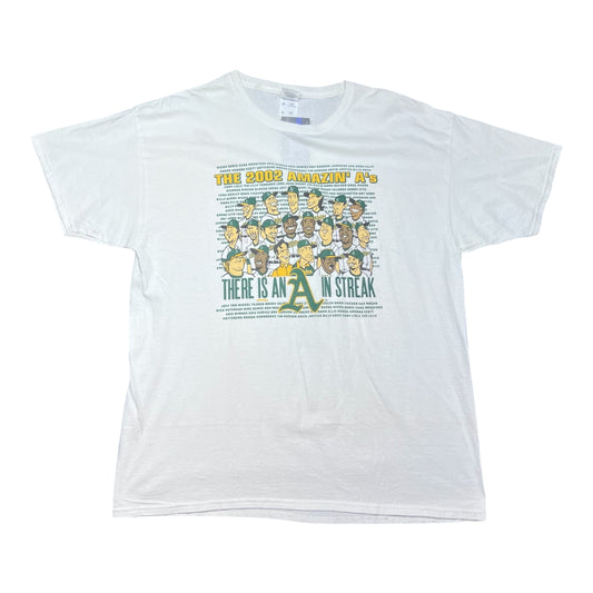 Vintage 2002 MLB Oakland Athletics Caricature “There Is An A In Streak” Tee XL