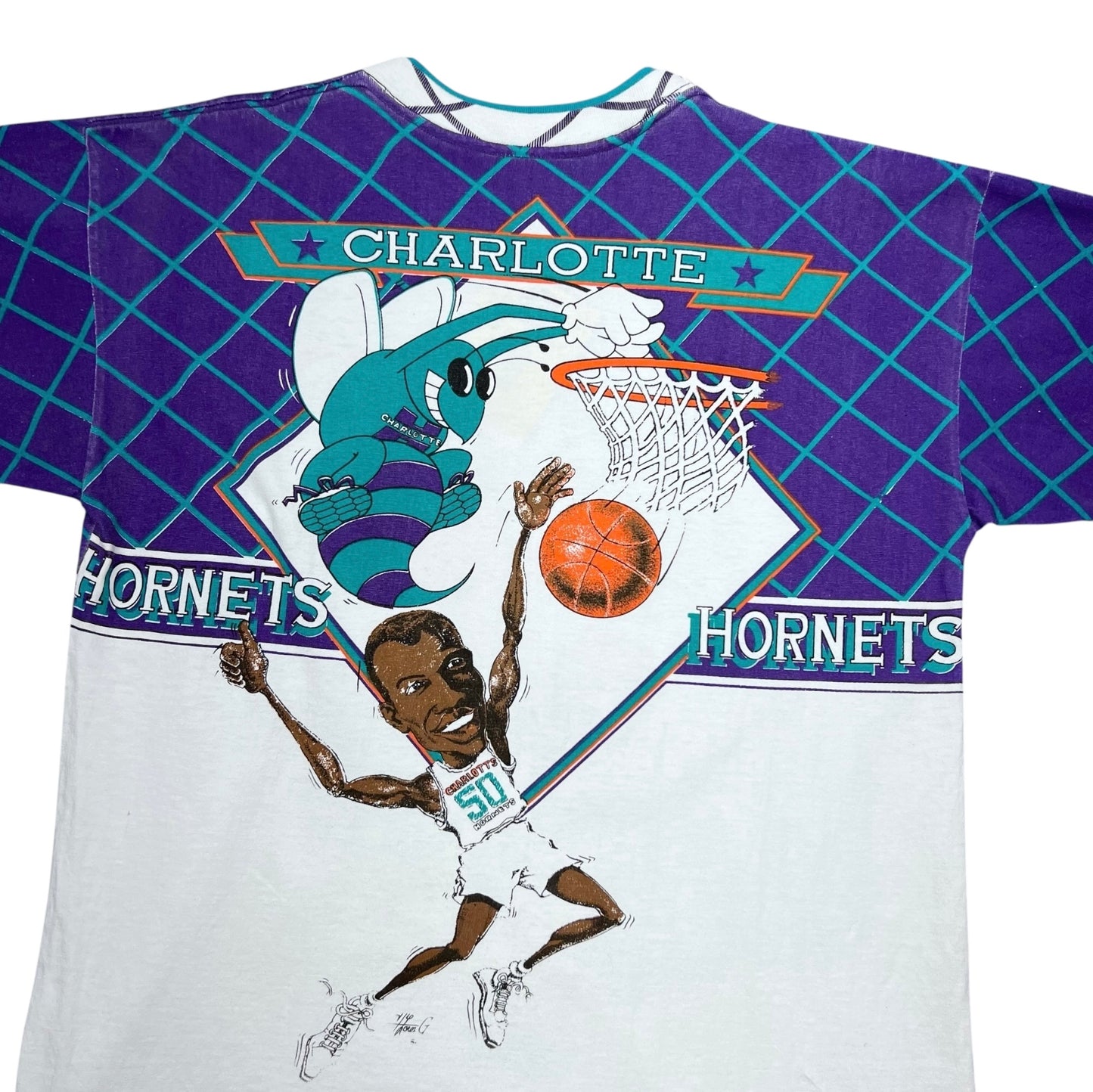 Vintage 90s NWT Charlotte Hornets Hugo Basketball Caricature AOP Tee M