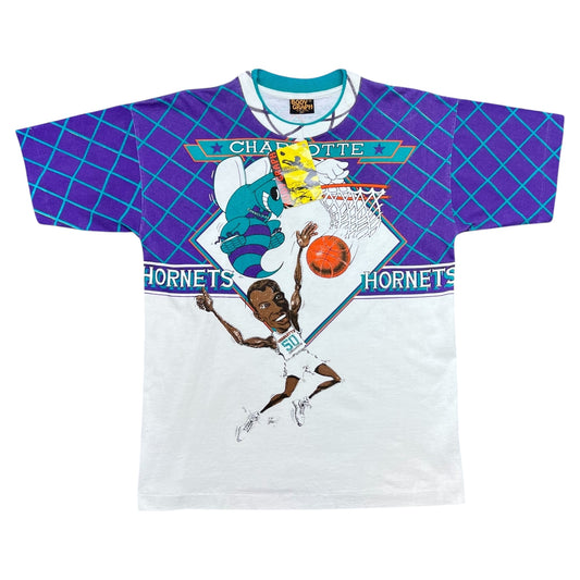 Vintage 90s NWT Charlotte Hornets Hugo Basketball Caricature AOP Tee M