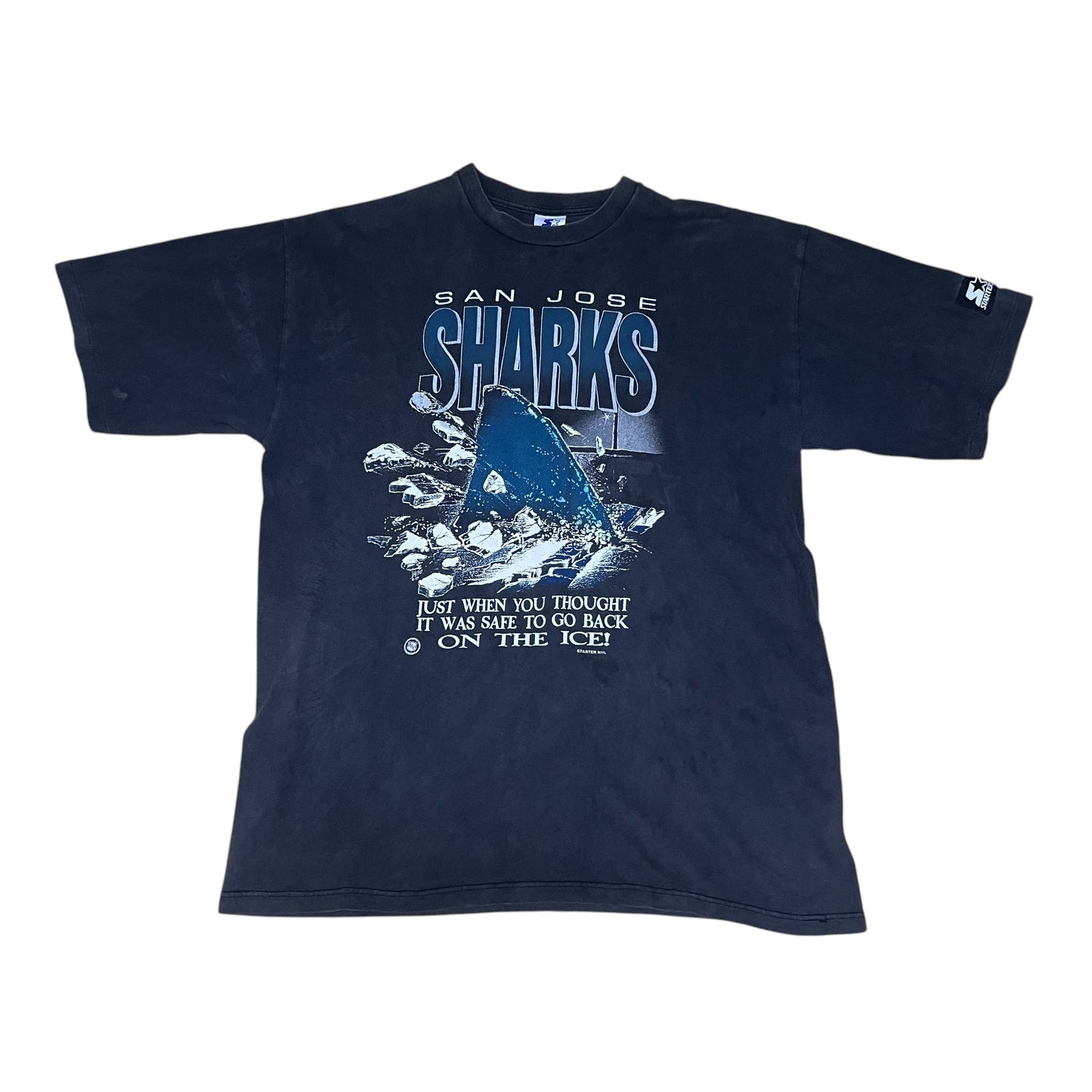Vintage 90s Starter NHL San Jose Sharks Hockey Shattered Ice Tee L