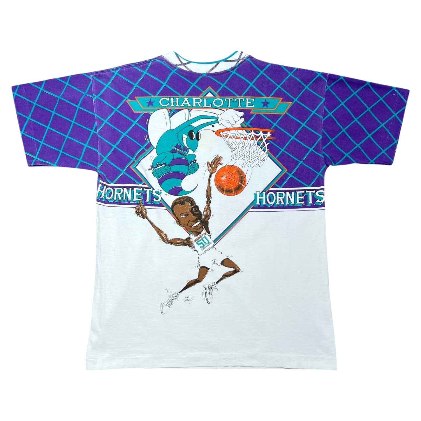 Vintage 90s NWT Charlotte Hornets Hugo Basketball Caricature AOP Tee M
