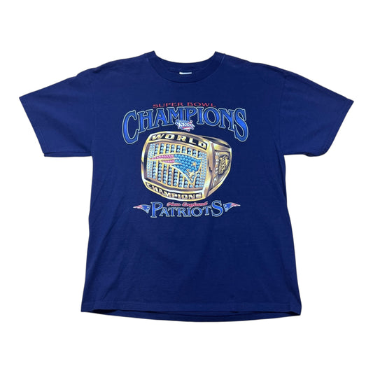 Vintage 2001 NFL Super Bowl Champions New England Patriots Ring Navy Blue Tee L