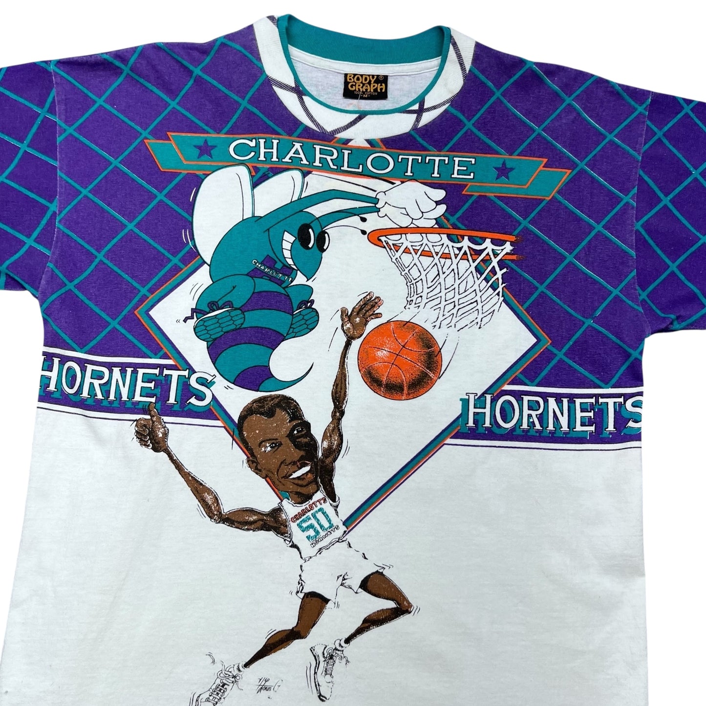 Vintage 90s NWT Charlotte Hornets Hugo Basketball Caricature AOP Tee M