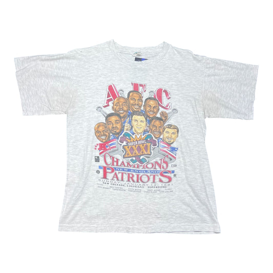 Vintage 1997 Champ Tag Super Bowl XXXI Champions New England Patriots Caricature Tee L