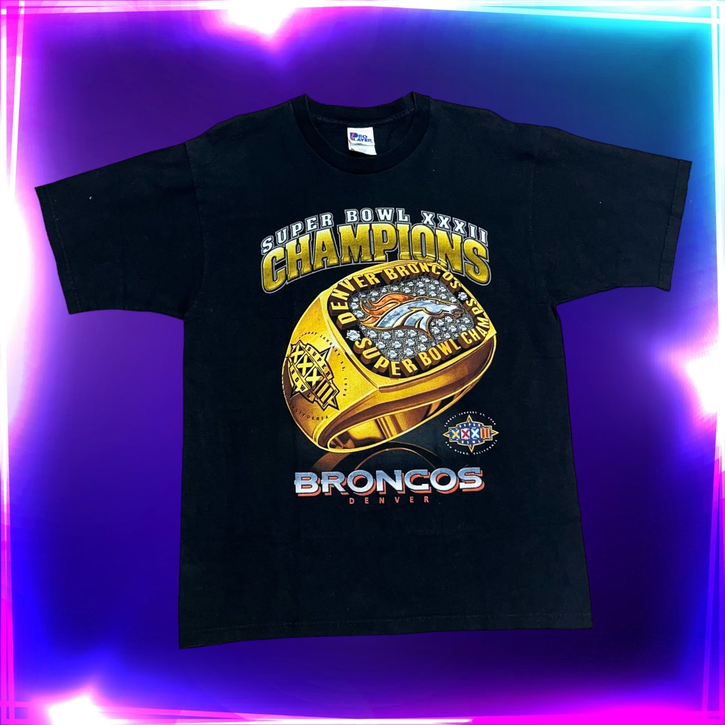 Vintage 1998 Pro Player Denver Broncos Super Bowl XXXII Champion Ring Tee L