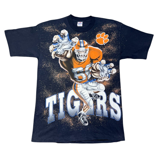 Vintage 90s AOP University Of Clemson Tigers Football Player Tee XL
