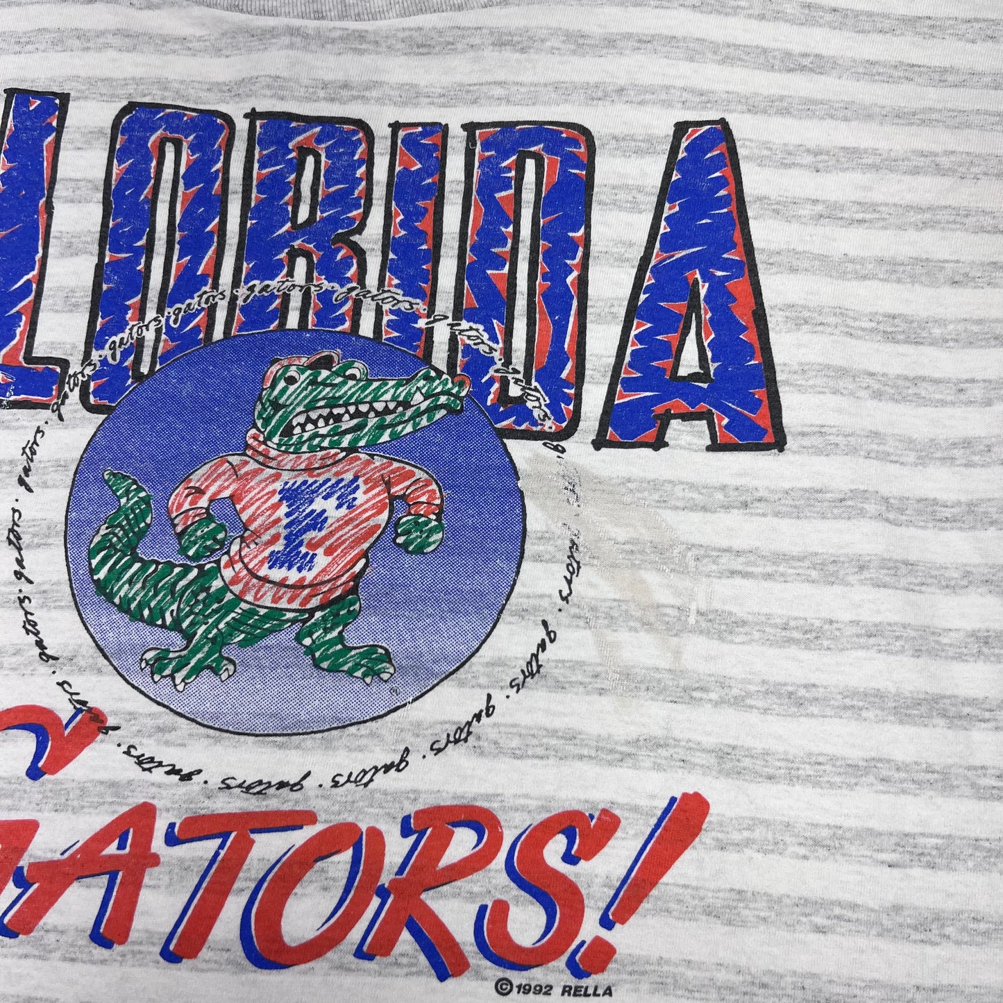 Vintage 1992 NCAA University Of Florida Gators Scribble Art Striped Tee XL