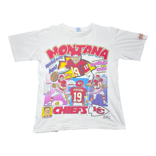 Vintage 1993 Salem Kansas City Chiefs Joe Montana Player Comic Tee L