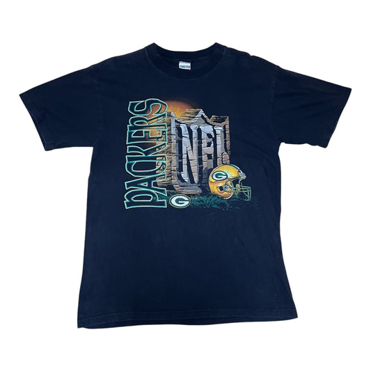 Vintage 90s True Fan Tag NFL Green Bay Packers Stone Age Art Tee L
