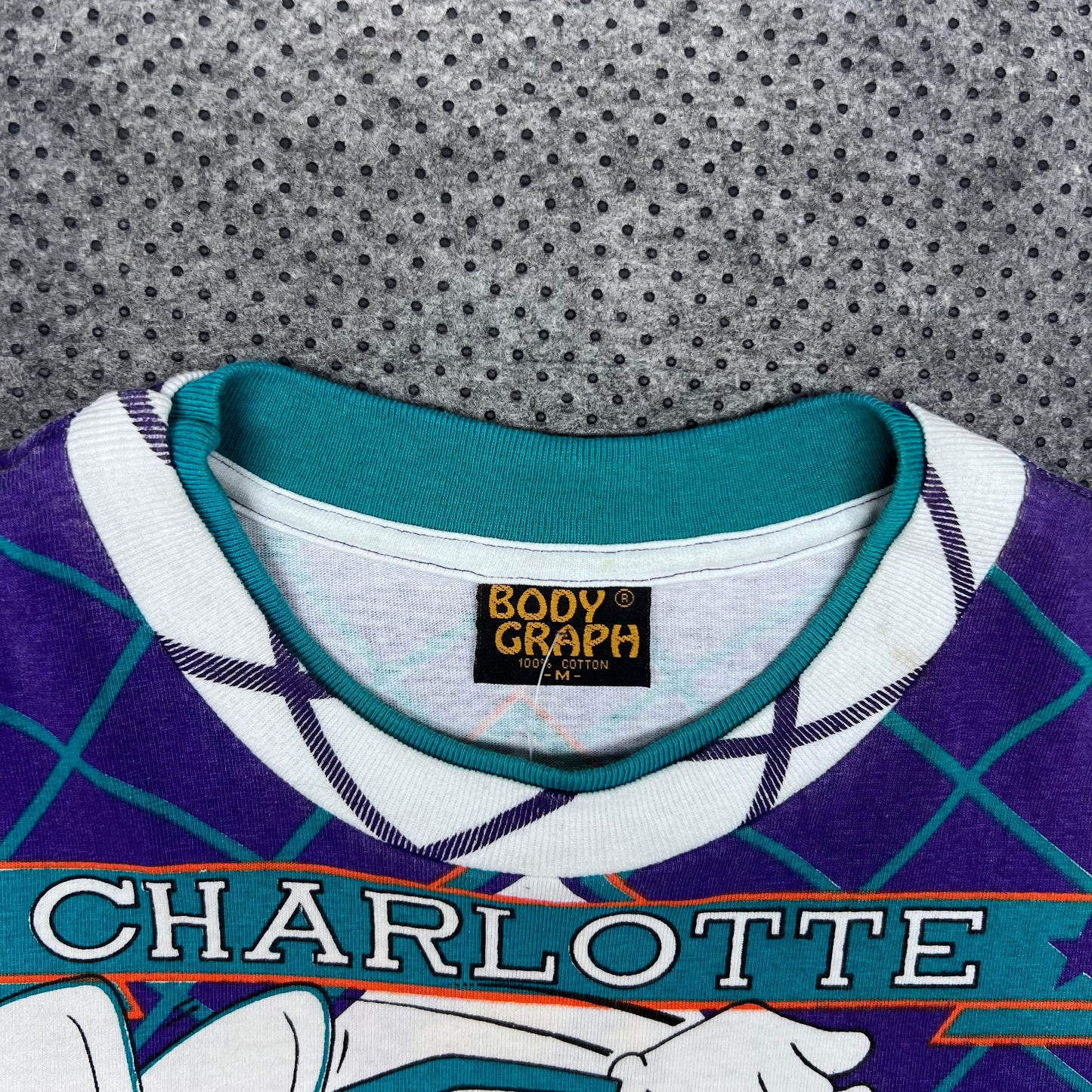 Vintage 90s NWT Charlotte Hornets Hugo Basketball Caricature AOP Tee M